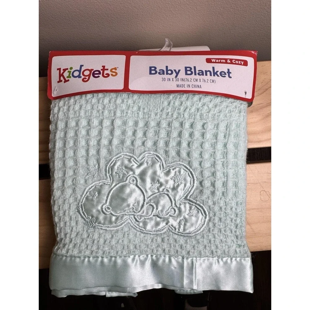 VTG Aqua Blue Baby Blanket‎ Waffle Satin Trim Kidgets Warm & Cozy Sleeping Teddy